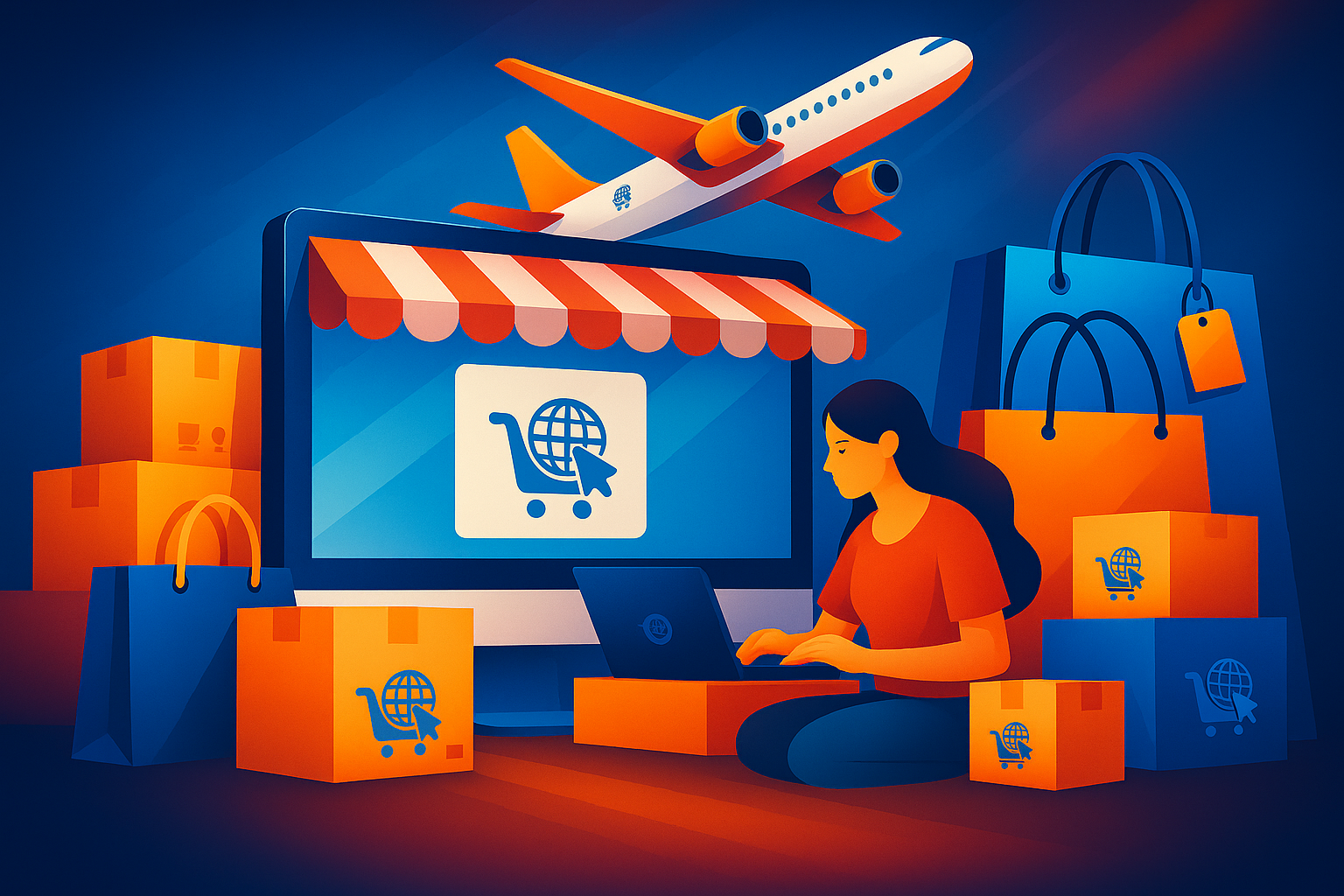 prompt for generate image by chatgpt: Modern e-commerce shopping illustration with international packages, shopping bags, and delivery trucks in a vibrant, colorful style