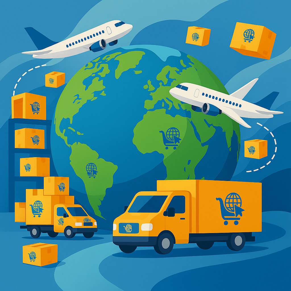 prompt for generate image by chatgpt: Fast delivery and shipping illustration with planes, trucks, and packages moving around the globe, modern flat design style