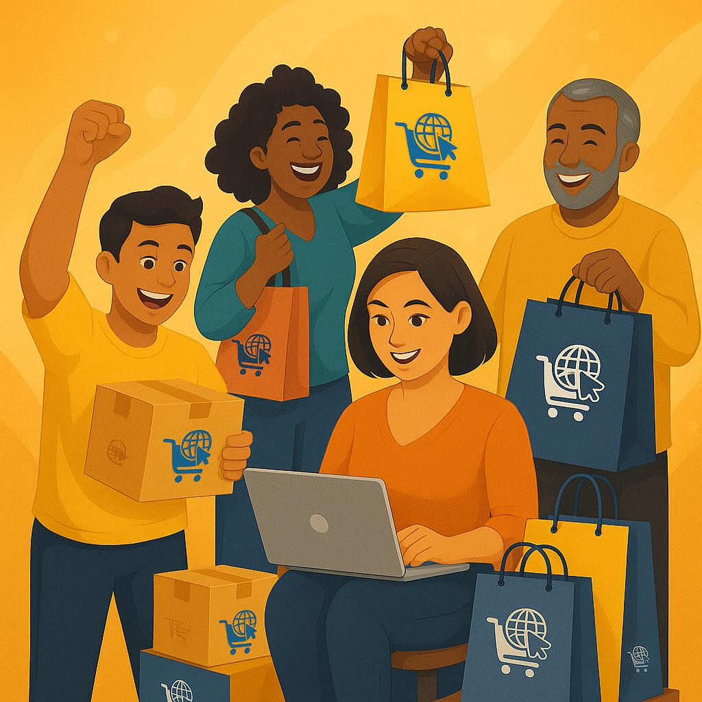 prompt for generate image by chatgpt: Happy customers receiving packages and shopping online, diverse people with shopping bags and smiles, vibrant and joyful illustration