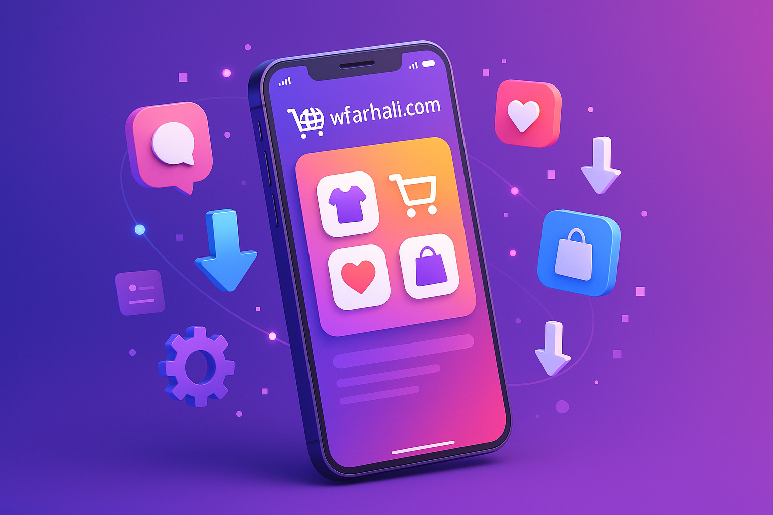 prompt for generate image by chatgpt: Modern smartphone with a vibrant shopping app interface, floating app icons, download arrows, and digital elements around it, purple and violet gradient background, 3D isometric style illustration